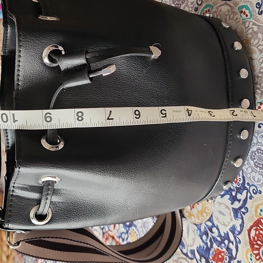 ZARA Black Faux Leather Bucket Bag Studded Base w/ Stripe Crossbody Strap - Picture 7 of 9